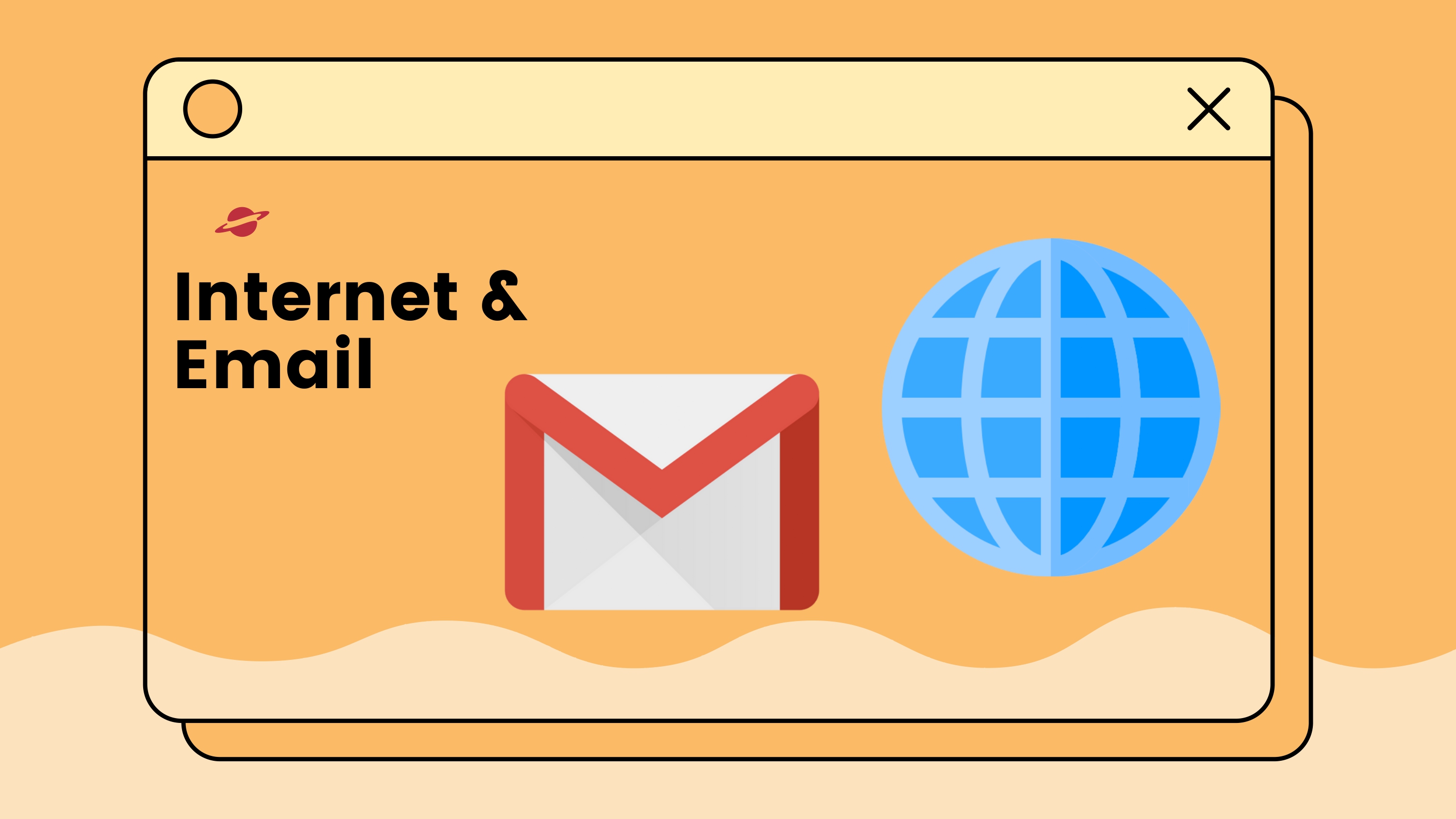 Infographic showing a globe icon, email icon (envelope), and browser window with neon blue and green effects on a dark background